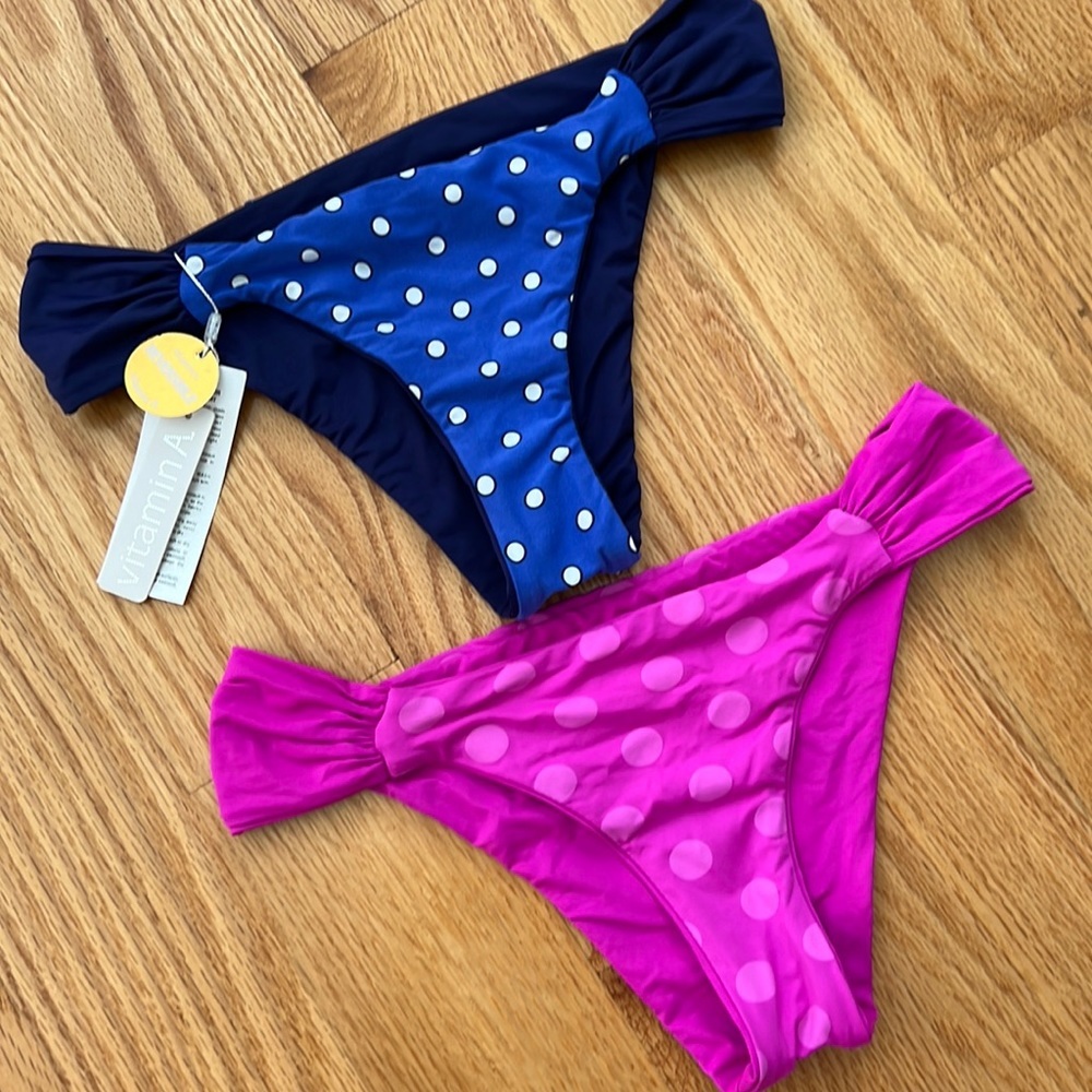2 Pairs of Reversible Polka Dot Bikini Bottoms Pink Blue Size L 10 Vitamin A